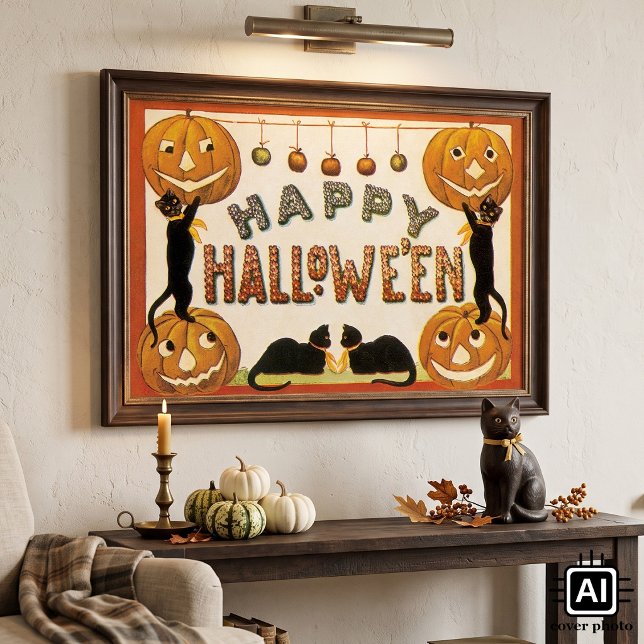 Póster Halloween antiguo, gatos negros con Jackolanterns (Vintage illustration Halloween design featuring black cats, apples and jack-o-lantern pumpkins.)