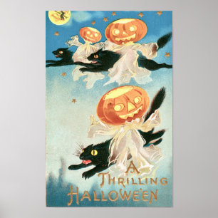 Póster Halloween Antiguo Gatos Negros y Jack-o-lanterns