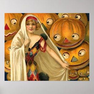 Póster Halloween antiguo Jack O Lantern Costume mujer