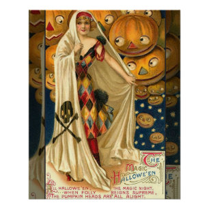 Póster Halloween antiguo Jack O Lantern Costume mujer