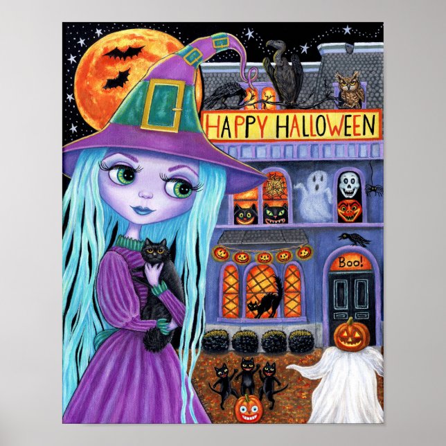 Póster Halloween Bash Black Cat Cute Witch Hauned House (Frente)