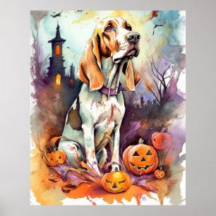 Póster Halloween Basset Hound Con Calabazas Asustadas