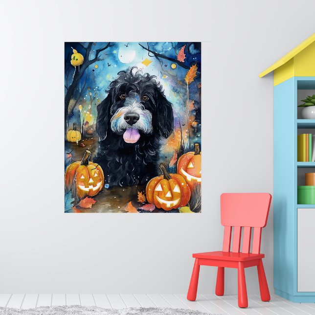 Póster Halloween Bernedoodle Con Calabazas Asustadas (Guardería 1)
