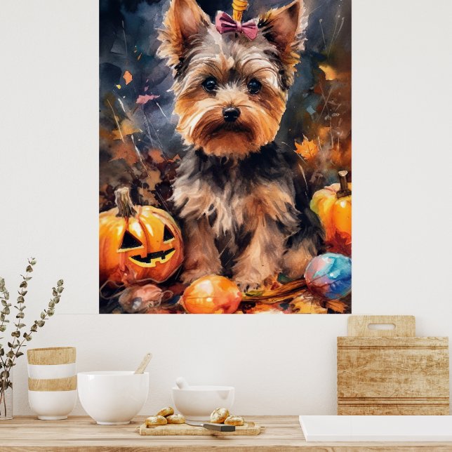 Póster Halloween Biewer Terrier Con Calabazas Temerosas (Cocina)