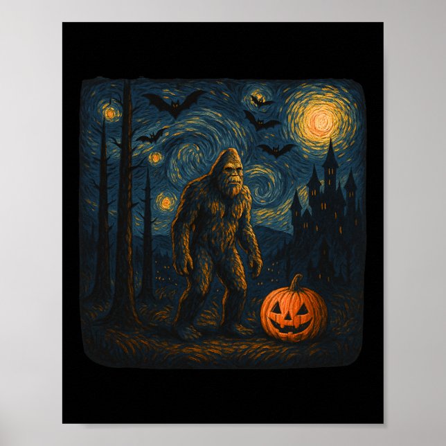Póster Halloween Bigfoot Starry Night Van Gogh Sasquatch (Frente)