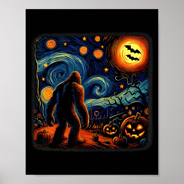 Póster Halloween Bigfoot Starry Night Van Gogh Sasquatch  (Frente)