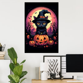 Póster Halloween Black CAT con Calabaza y GORRA de Brujas