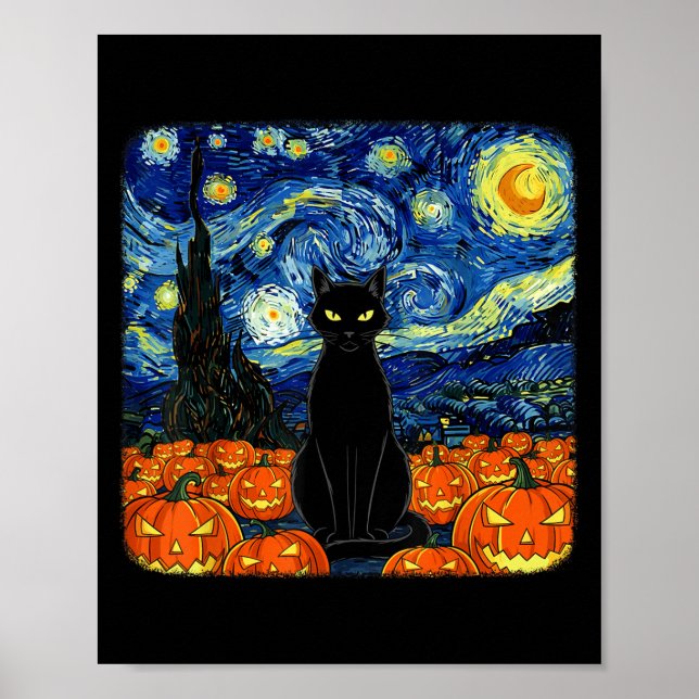 Póster Halloween Black Cat Costume Van Gogh Starry Night (Frente)