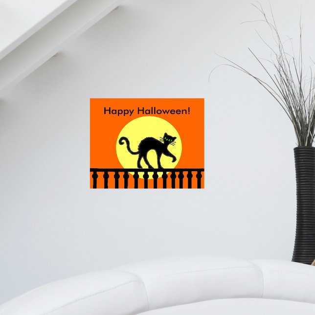 Póster Halloween Black Cat Moon Fence (Black cat arched back on black fence yellow moon on orange Happy Halloween wall poster decoration.)
