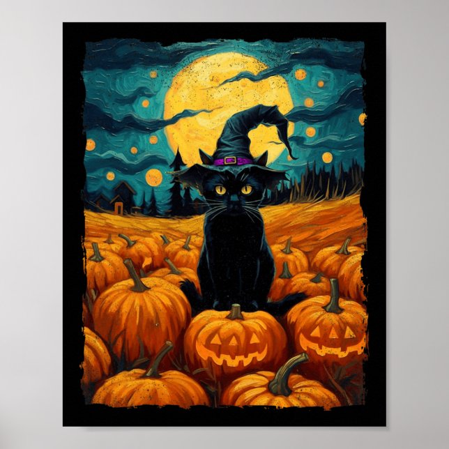 Póster Halloween Black Cat Van Gogh Witch Kawaii Pumpkin (Frente)