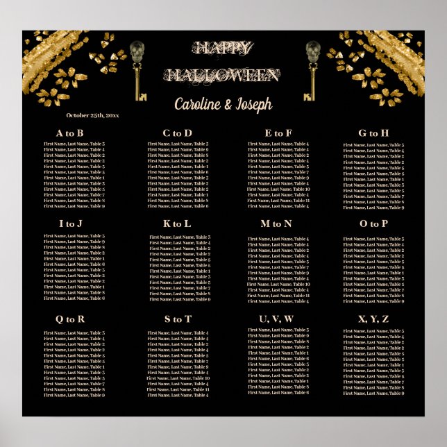 Póster Halloween Black & Gold Skulls & Gold Seating Chart (Frente)