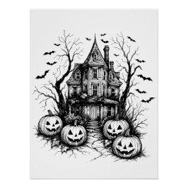Póster Halloween blanco y negro de la casa embrujada