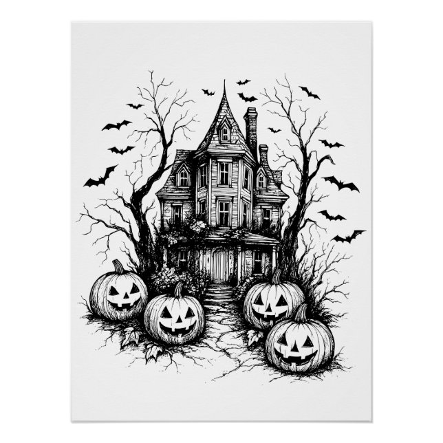 Póster Halloween blanco y negro de la casa embrujada (Anverso)