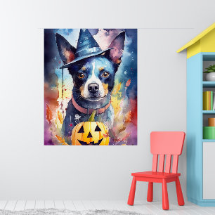 Póster Halloween Blue Heeler con calabazas aterradoras