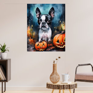 Póster Halloween Boston Terrier con calabazas aterradoras