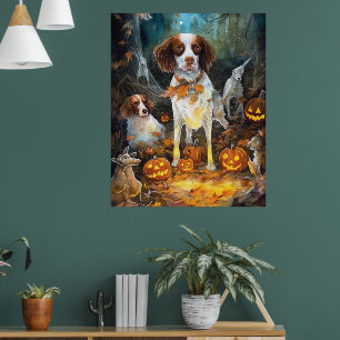 Póster Halloween Brittany Spaniel con calabazas espeluzna