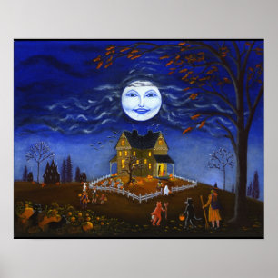 Póster Halloween, bruja, diablo, luna, fantasma, palo,