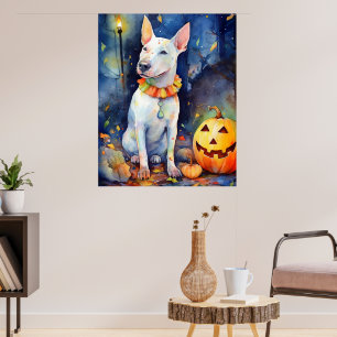 Póster Halloween Bull Terrier con calabazas aterradoras