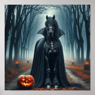 Póster Halloween Caballo Gótico en un bosque oscuro y esp