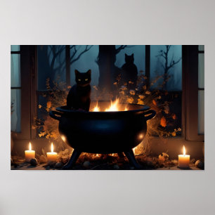 Póster Halloween Calabazas Gato Cute Festividad Mágica