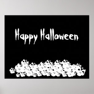 Póster Halloween calaveras blancas negras apilan texto pe