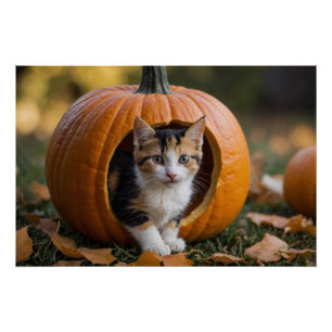 Póster Halloween Calico Gatito sentado en una calabaza