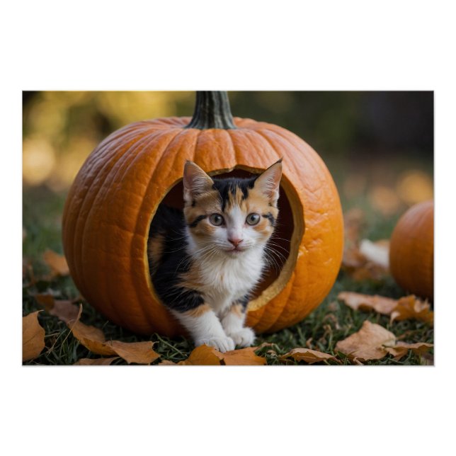 Póster Halloween Calico Gatito sentado en una calabaza (Anverso)
