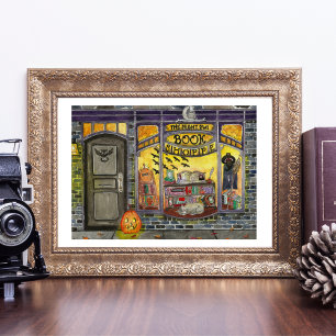 Póster Halloween Cat and Book Shop Watercolor Poster