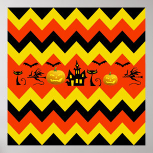 Póster Halloween Chevron Haunty House Black Cat Pattern