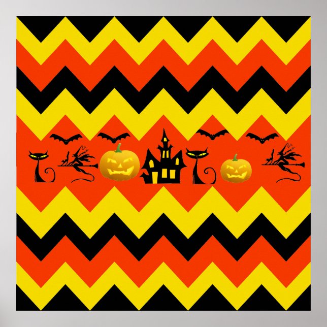 Póster Halloween Chevron Haunty House Black Cat Pattern (Frente)