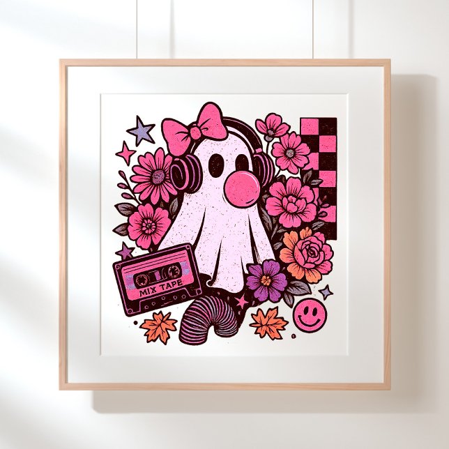 Póster Halloween, Chica de Fantasma Retro Estética Bubble (This ghost girl design mixes 90s aesthetic nostalgia with playful Halloween charm.)