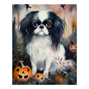 Póster Halloween Chin Japonés Con Calabazas Espeluznante