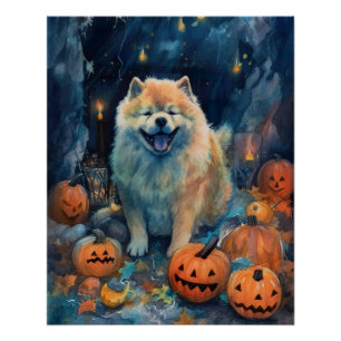 Póster Halloween Chow Chow Con Calabazas Asustadas