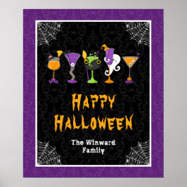 Póster Halloween Cocktails Purple Damask Party Sign