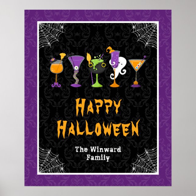 Póster Halloween Cocktails Purple Damask Party Sign (Frente)