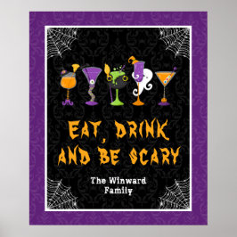Póster Halloween Cocktails Purple Damask Party Sign