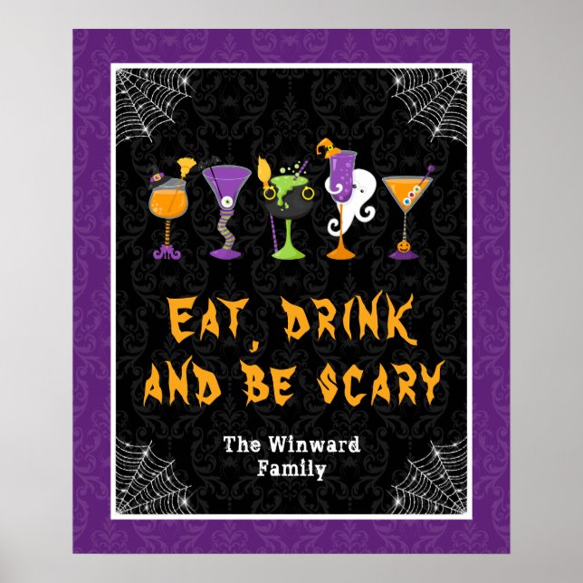 Póster Halloween Cocktails Purple Damask Party Sign (Frente)