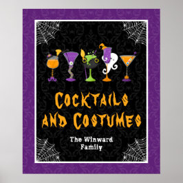 Póster Halloween Cocktails Purple Damask Party Sign