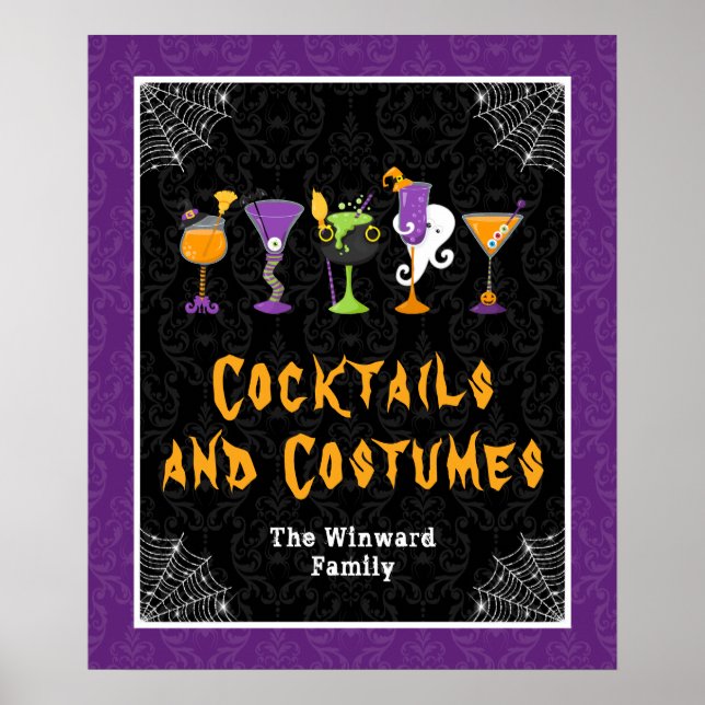 Póster Halloween Cocktails Purple Damask Party Sign (Frente)