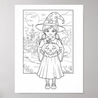 Póster Halloween Coloring Page - Un Chica con calabaza