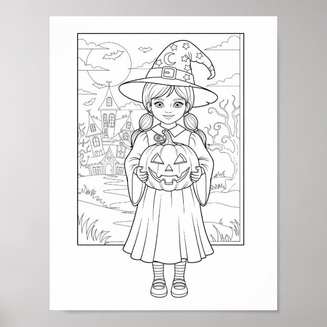 Póster Halloween Coloring Page - Un Chica con calabaza (Frente)