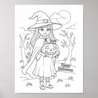Póster Halloween Coloring Page - Un Chica con calabaza