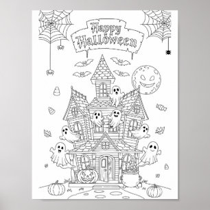 Póster Halloween Coloring Page - Una mansión embrujada