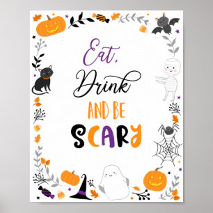 Póster Halloween Comer Bebida Ser asustado Rótulo Fiesta