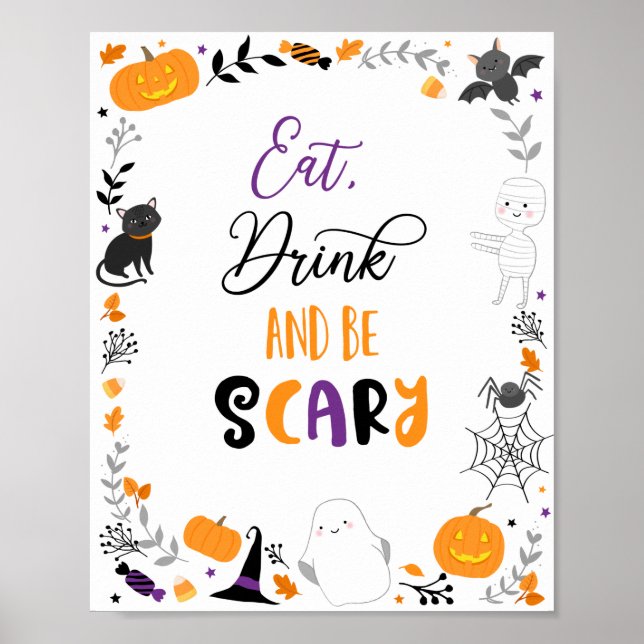 Póster Halloween Comer Bebida Ser asustado Rótulo Fiesta (Frente)