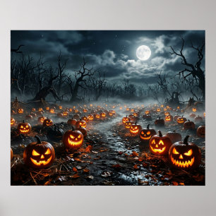 Póster Halloween con árboles espeluznantes y Jack O Lante