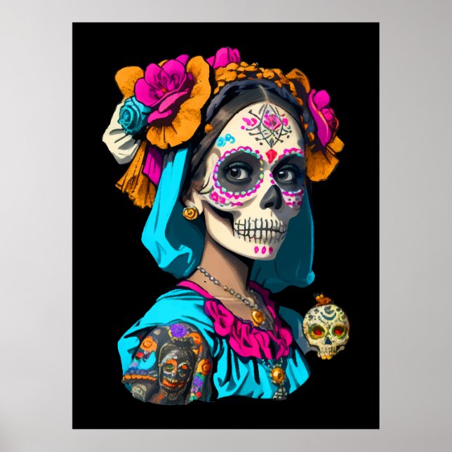 Póster Halloween con cráneo de azúcar, Día de los Muertos (Frente)