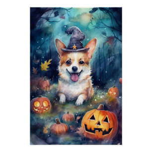 Póster Halloween Corgi con calabazas aterradoras