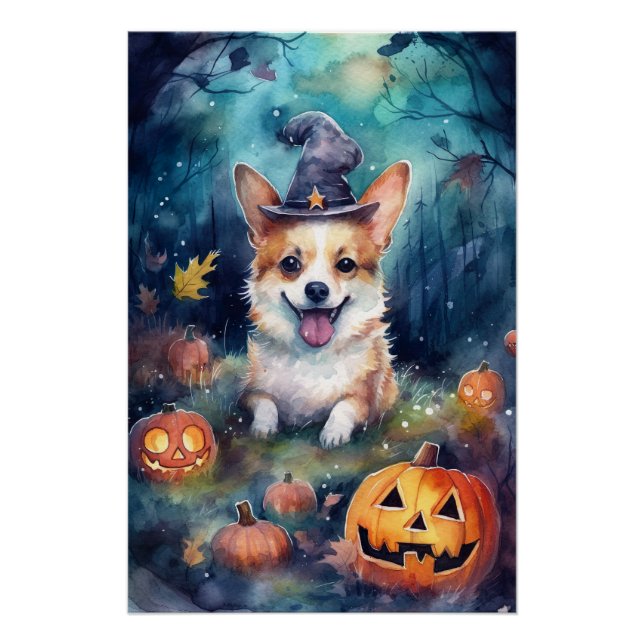 Póster Halloween Corgi con calabazas aterradoras (Anverso)