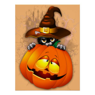 Póster Halloween Curte Kitty Witch and Pumpkin Friend